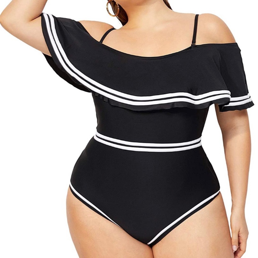 🏊‍♀️🌊Striped Off Shoulder Flounce Swim OnePiece